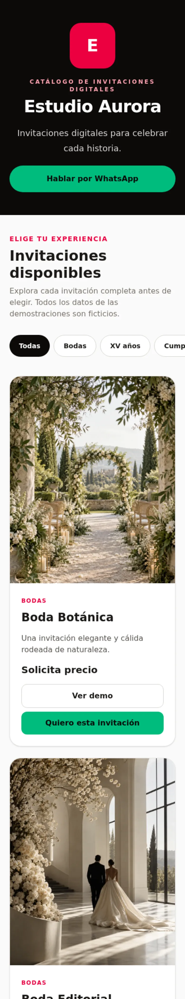 Catálogo público real de un Partner InvitaNow